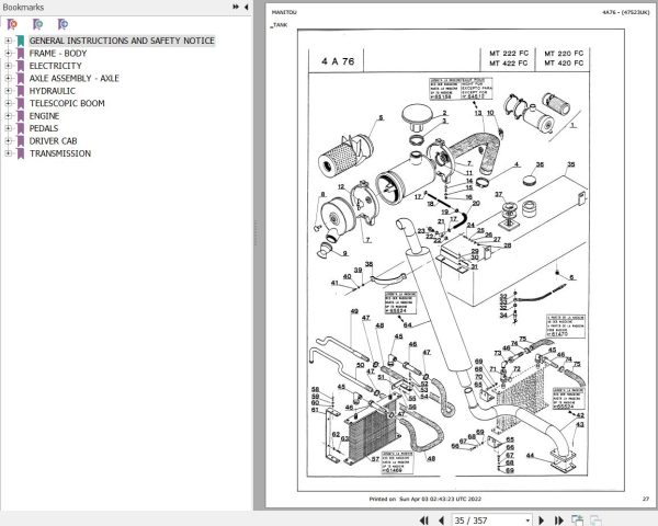 Manitou Telehandler MT 422 FC UK Parts Catalog 47523UK