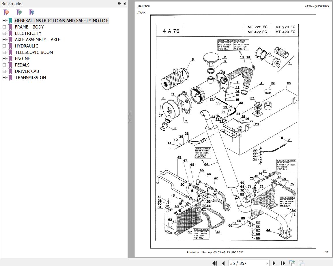 Manitou Telehandler MT 422 FC UK Parts Catalog 47523UK