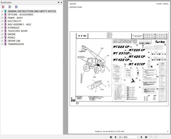 Manitou Telehandler MT 425 CP Parts Catalog 47824