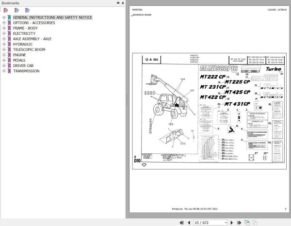 Manitou Telehandler MT 425 CP TURBO FARM LOADER Parts Catalog 47824