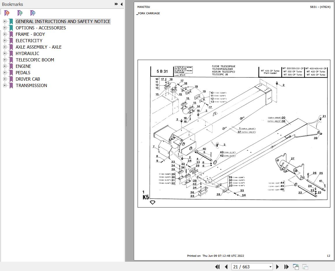 Manitou Telehandler MT 425 CP TURBO Parts Catalog 47824