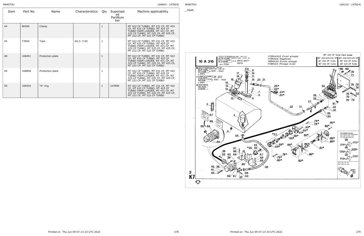Manitou Telehandler MT 425 CP TURBO Parts Catalog 47824