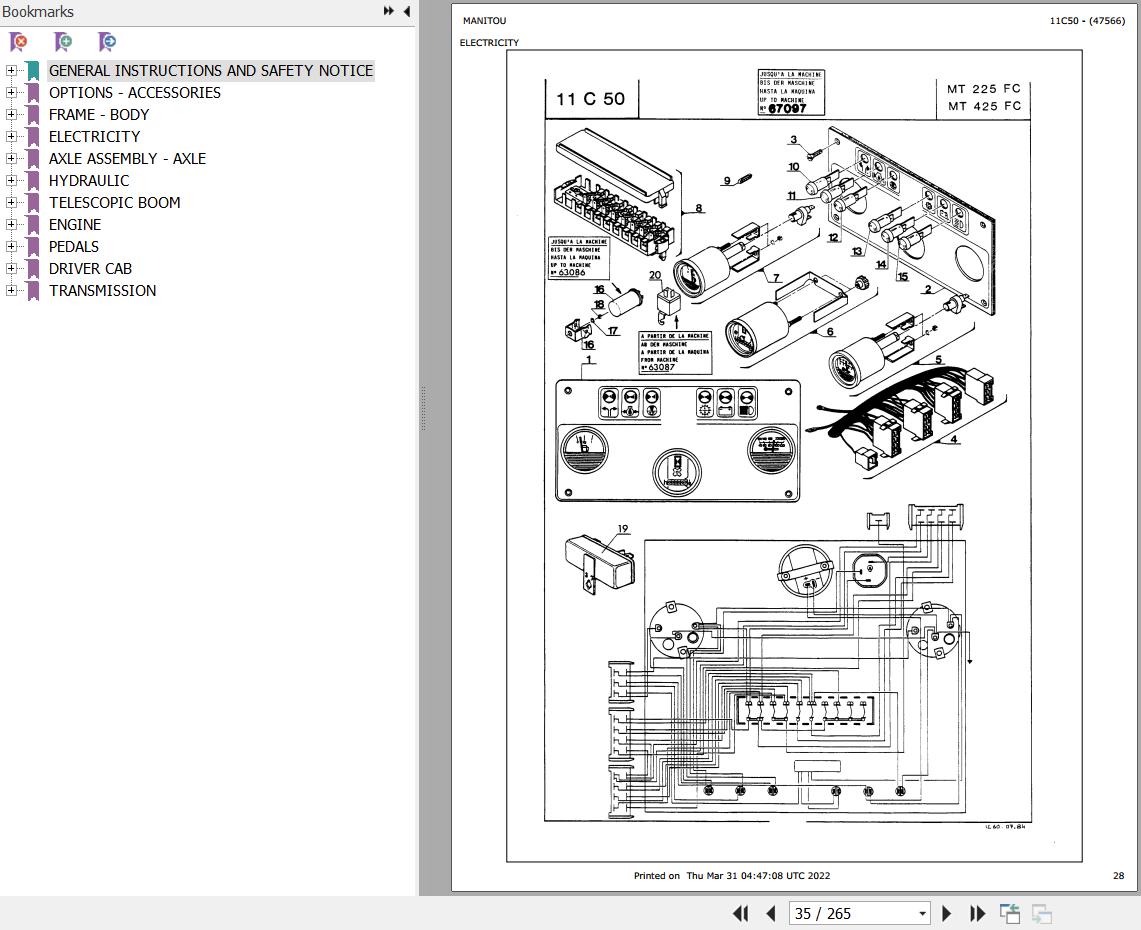 Manitou Telehandler MT 425 FC Parts Catalog 47566
