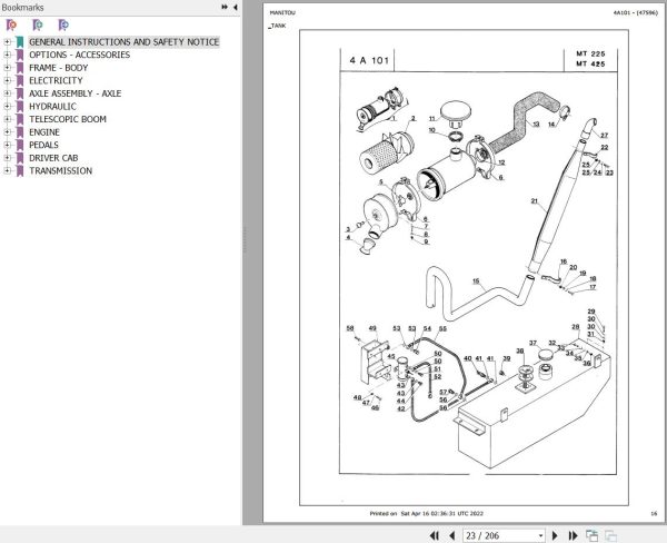 Manitou Telehandler MT 425 Parts Catalog 47596