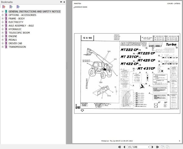 Manitou Telehandler MT 431 CP Parts Catalog 47824