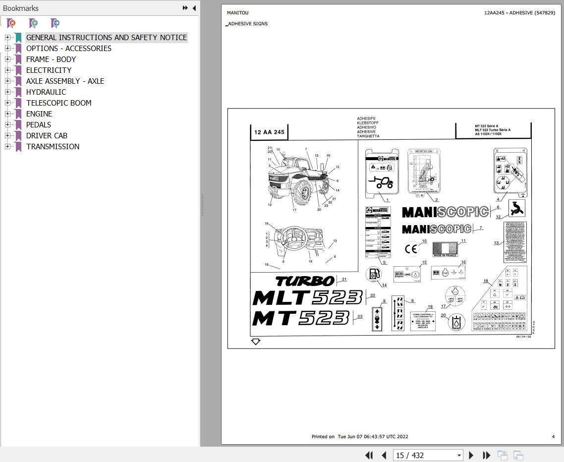 Manitou Telehandler MT 523 SA Parts Catalog 547829