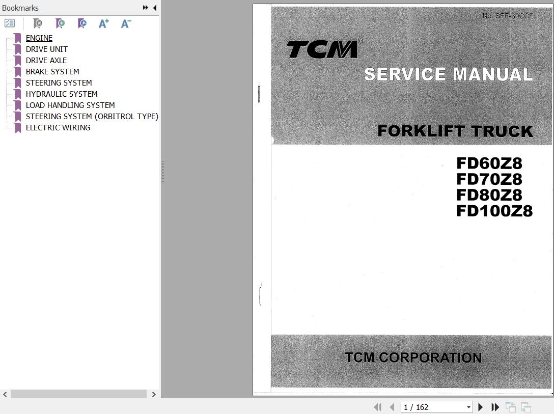 070 TCM Forklift FD60Z8 FD70Z8 FD80Z8 FD100Z8 Service Manual SEF 30CCE
