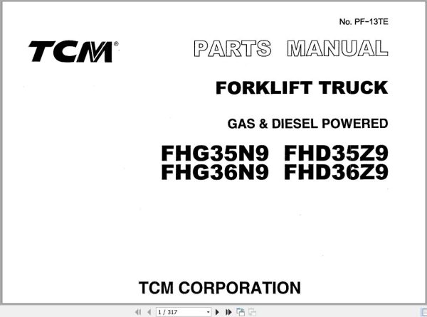 084 TCM Forklift FHD35 FHD36 FHG35 FHG36N9 Parts Manual PF 13TE