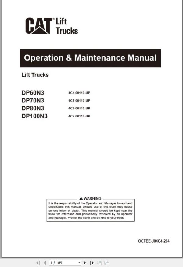 CAT Forklift DP60N3 DP70N3 DP80N3 DP100N3 Operation Service Manual 03.2023