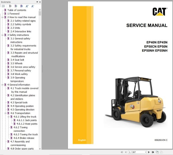 CAT Forklift EP40N EP45N EP50CN EP50N EP50NH EP55NH Operation Service Manual 10.2023