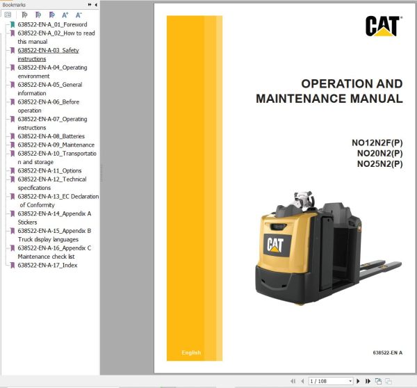 CAT Forklift NO12N2FP NO20N2P NO25N2P Operation Service Manual 03.2024 2