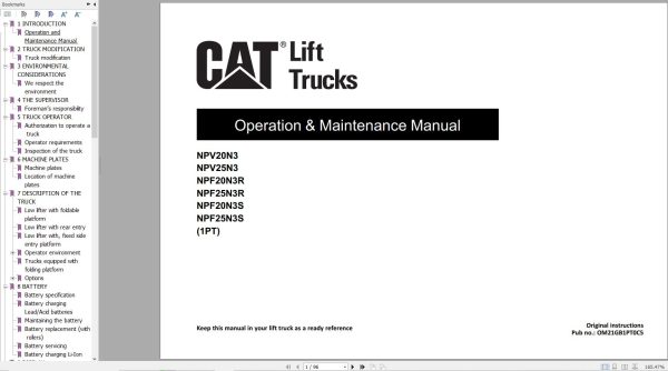 CAT Forklift NPV20N3 NPV25N3 Operation Service Manual 06.2023