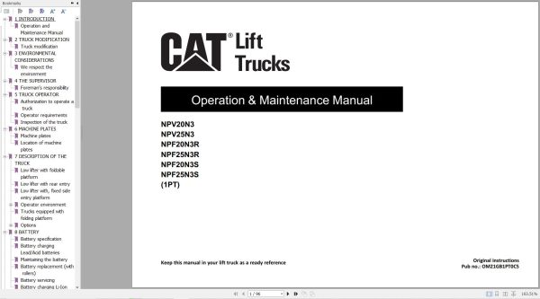 CAT Forklift NPV20N3 to NPF25N3S Operation Service Manual 06.2023