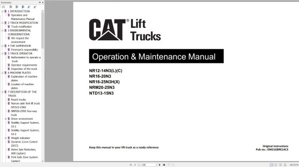 CAT Forklift NR12N3L to NR20N3HX Operation Service Manual 04.2024