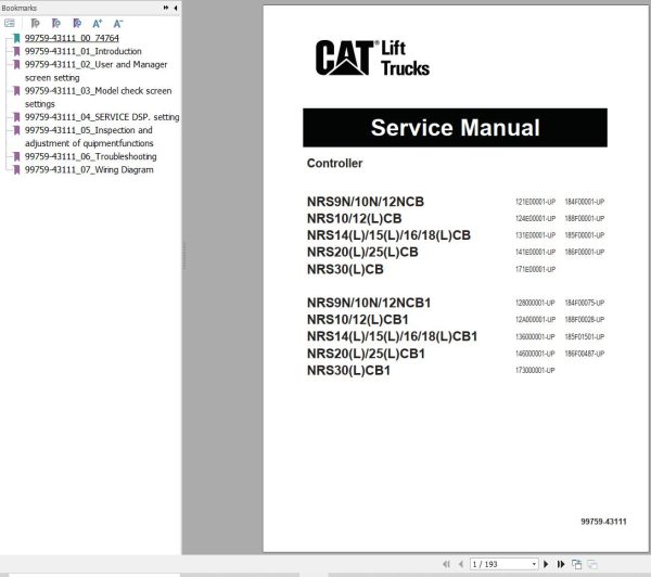 CAT Forklift NRS9NCB1 to NRS30LCB1 Service Manual 06.2020
