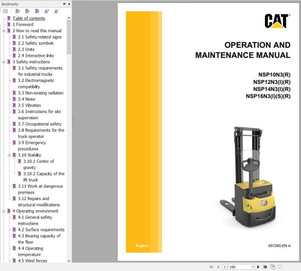CAT Forklift NSP10N3 to NSP16N3S Operation Service Manual 03.2023