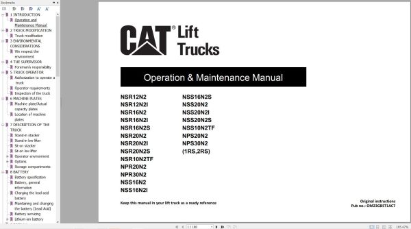 CAT Forklift NSR12N2 to NPS30N2 Operation Service Manual 03.2024