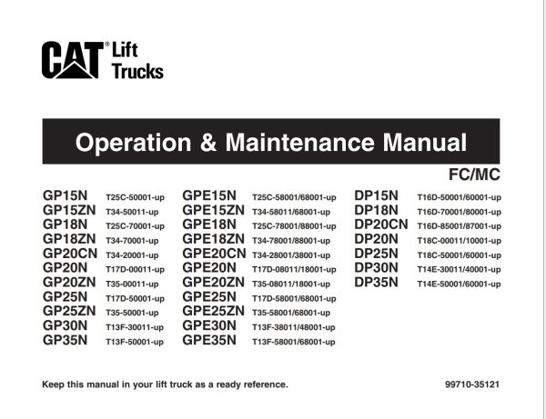 CAT Lift Trucks GP15N to GP35N DP15N to DP35N Operation Service Manual 02.2024
