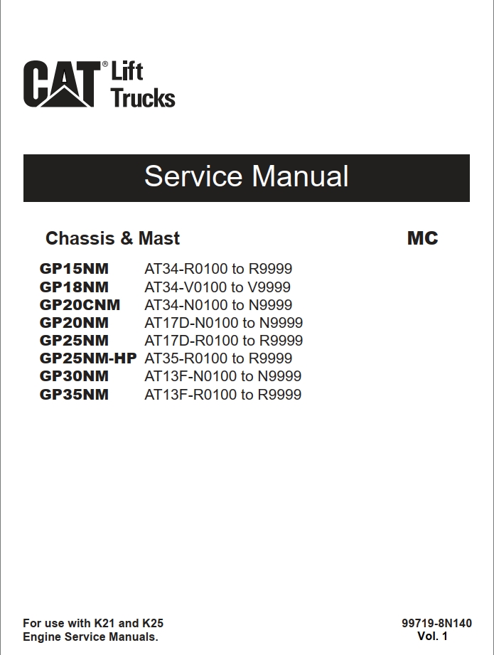 CAT Lift Trucks GP15NM to GP30NM Operation Service Manual 06.2023