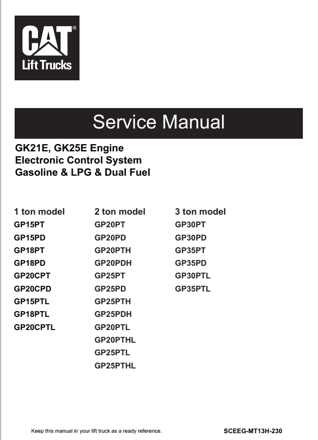 CAT Lift Trucks GP20CPD GP20CPT GP20PDH GP20PTH GP20PTH GP25PDH GP25PTH Service Manual 04.2024