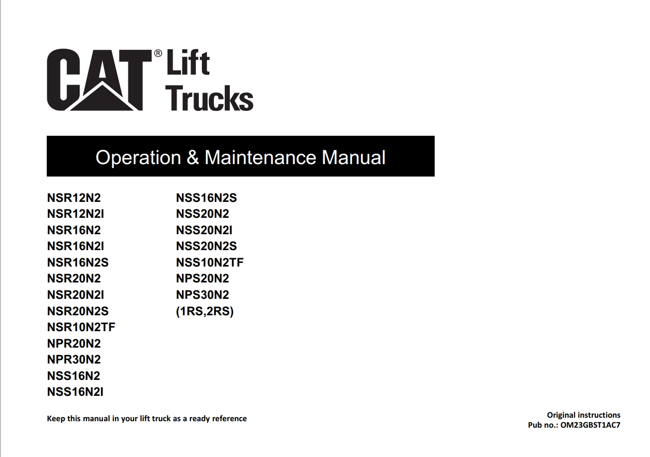 CAT Lift Trucks NPR20N2 to NPS30N2 Operation Service Manual 02.2024