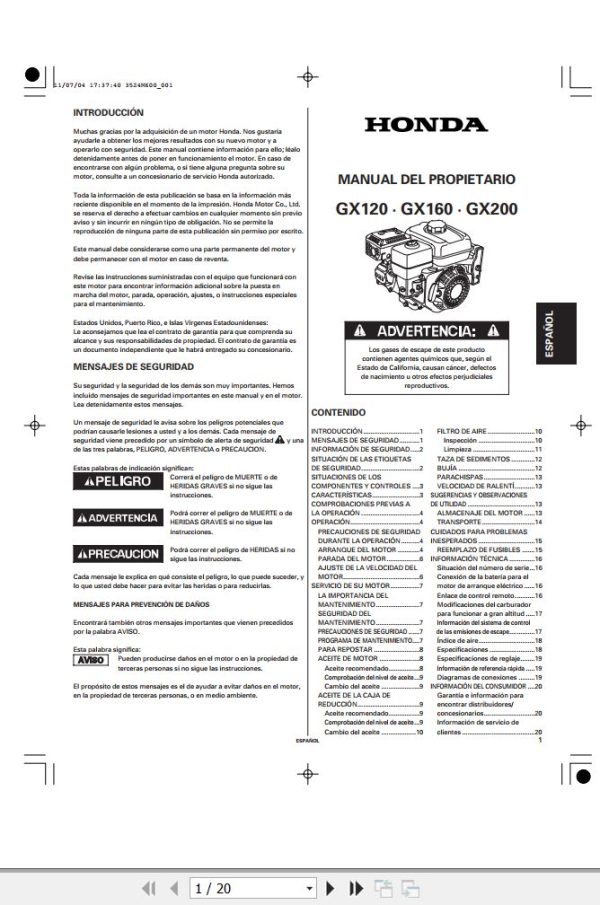 Honda Engine GX120 GX160 GX200 Owners Manual and Wiring Diagram ES 1