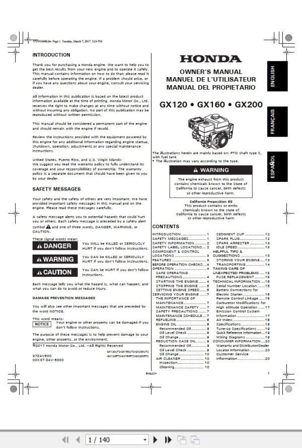 Honda Engine GX120 GX160 GX200 Owners Manual and Wiring Diagram ML