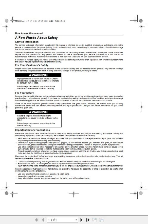 Honda Engine GX120 GX160 GX200 Service Information and Maintenance Manual EN 1