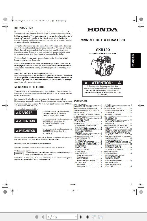 Honda Engine GX120 Owners Manual and Wiring Diagram FR 1