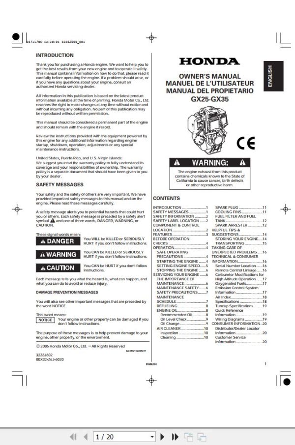 Honda Engine GX25 GX35 Owners Manual and Diagram EN 1