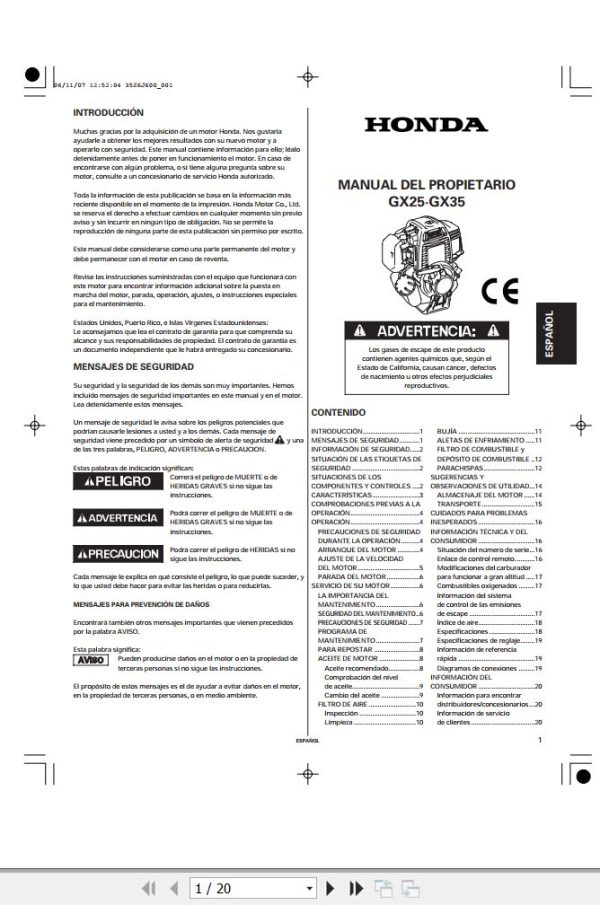 Honda Engine GX25 GX35 Owners Manual and Diagram ES 1