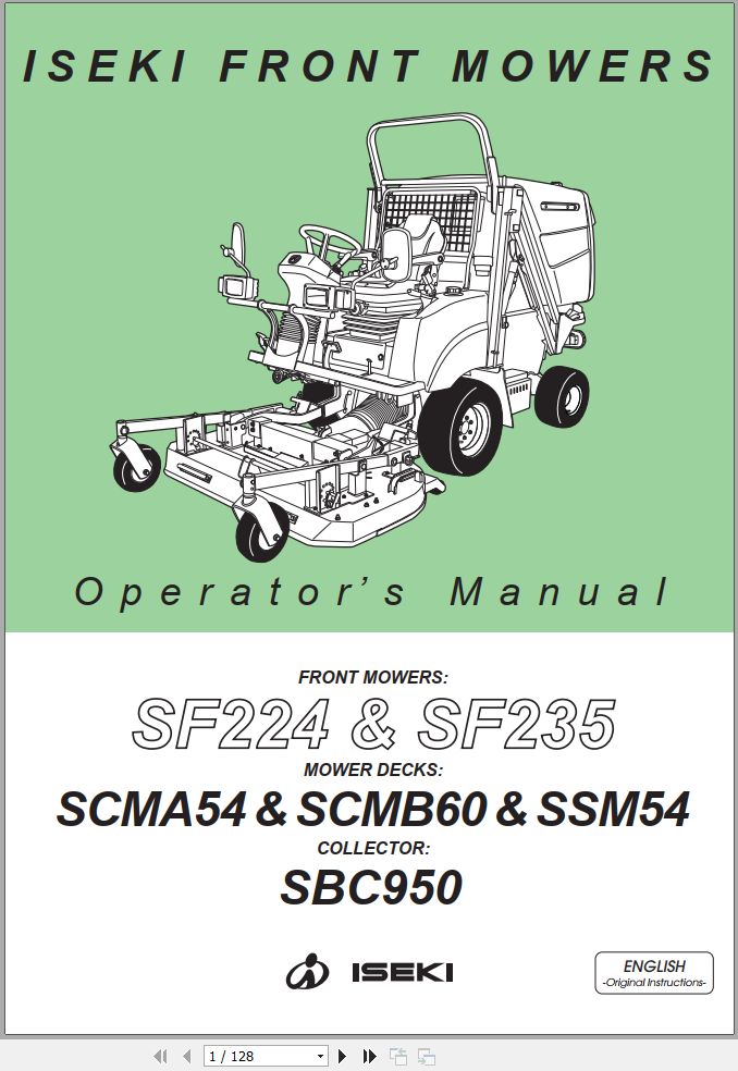 Iseki Front Mowers SF224 SF235 Operators Manual and Diagram 1832 912 101 1B EN 1