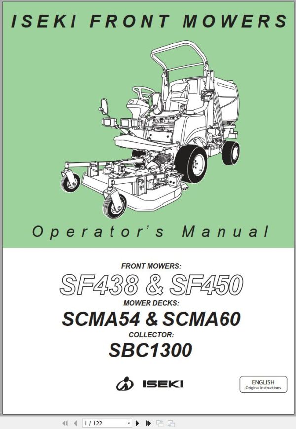 Iseki Front Mowers SF438 SF450 Operators Manual and Diagram 1809 912 101 2C EN 1