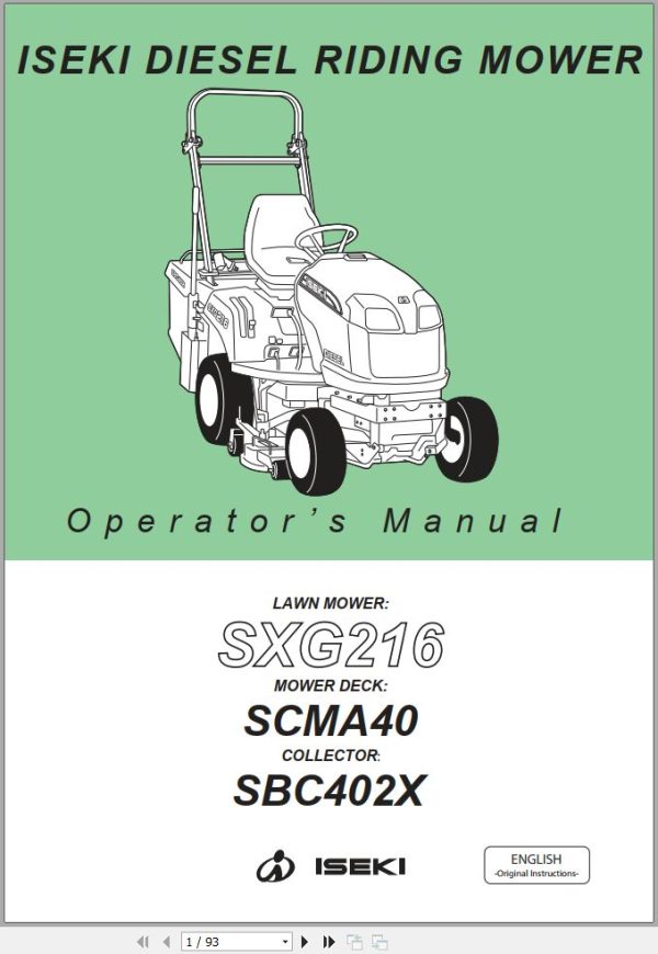 Iseki Lawn Mower SXG216 Operators Manual and Diagram 1782 912 102 00 EN 1