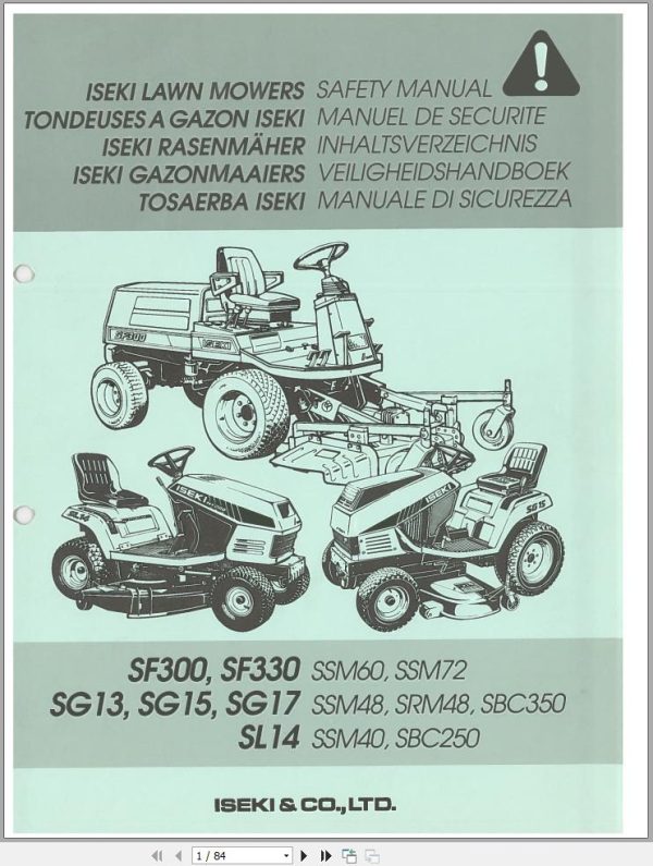 Iseki Lawn Mowers SG13 SG15 SG17 SF300 SF330 SL14 Operators Manual and Diagram 1
