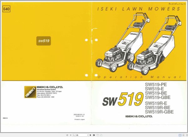 Iseki Lawn Mowers SW519 Series Operators Manual 2503 995 001 10 1