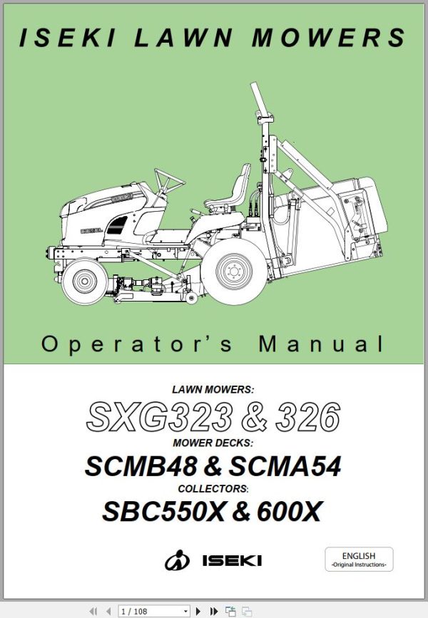 Iseki Lawn Mowers SXG323 SXG326 Operators Manual and Diagram 1