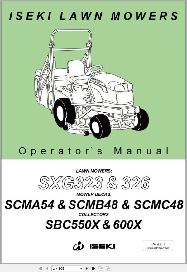 Iseki Lawn Mowers SXG323 SXG326 Operators Manual and Diagram 1728 912 101 9 EN 1
