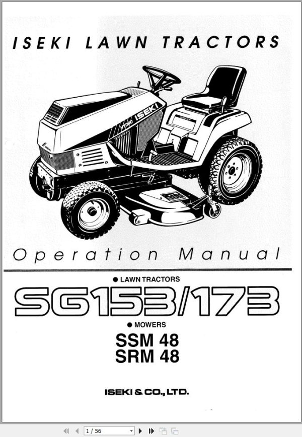 Iseki Lawn Tractor SG153 SG173 Operators Manual and Diagram 9703 01 200 1