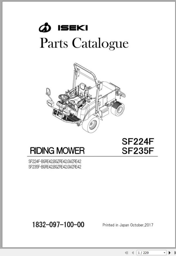 Iseki Mower SF224 SF235 Parts Catalog 1832 097 100 0A 1