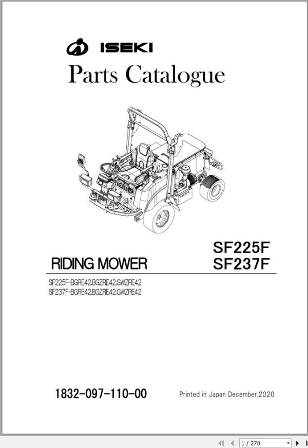 Iseki Mower SF225F SF237F Parts Catalog 1832 097 110 0A 1