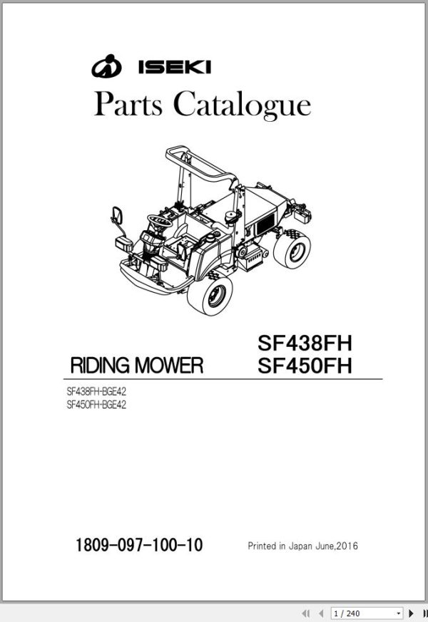 Iseki Mower SF438FH SF450FH Parts Catalog 1809 097 100 10 1