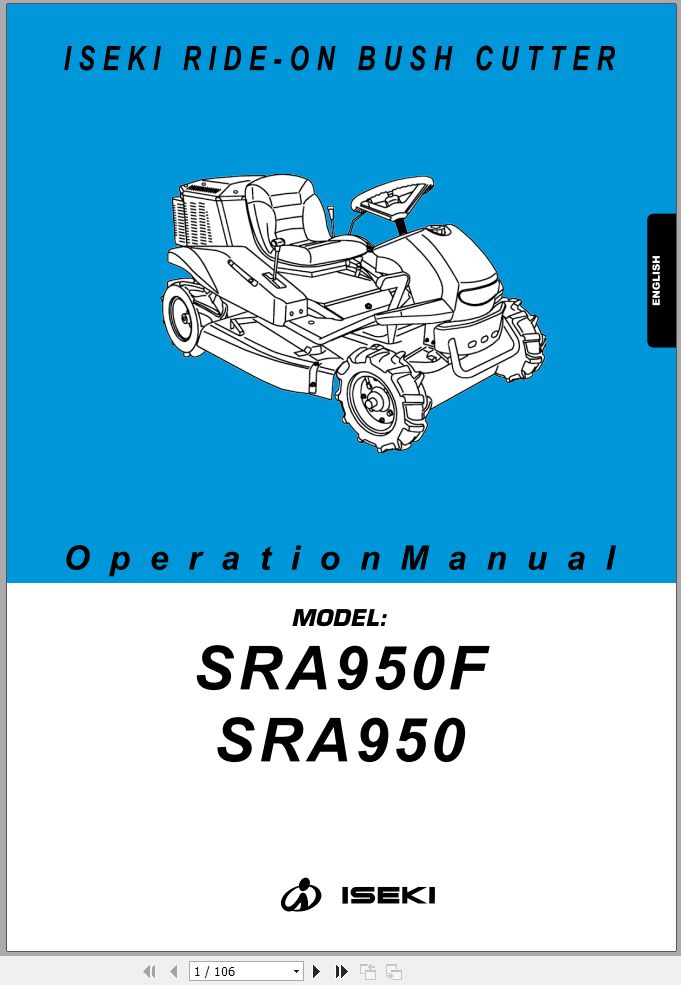 Iseki Ride On Bush Cutter SRA950 SRA950F Operators Manual and Diagram 9067 594 201 10 1