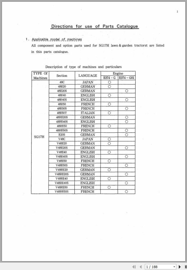 Iseki Tractor SG17H Parts Catalog 1631 098 100 10 1