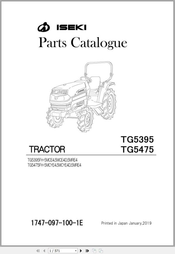 Iseki Tractor TG5395 TG5475 Parts Catalog 1747 097 100 1E 1