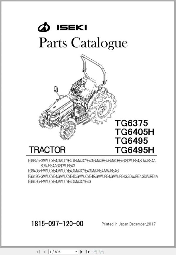 Iseki Tractor TG6375 TG6405H TG6495 TG6495H Parts Catalog 1815 097 120 0B 1