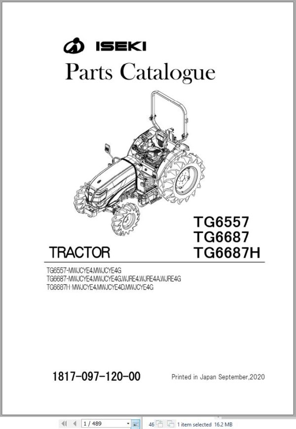 Iseki Tractor TG6557 TG6687 TG6687H Parts Catalog 1817 097 120 0A 1
