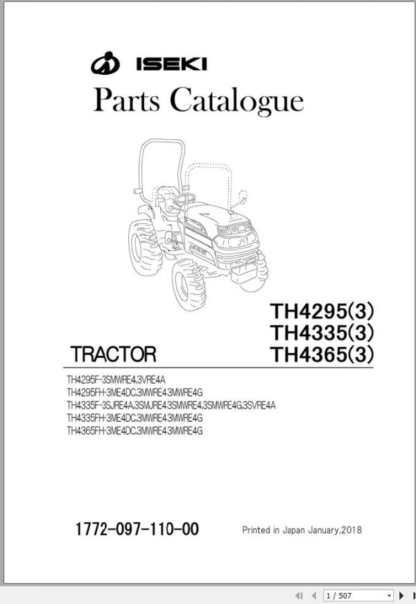 Iseki Tractor TH4295F 3 TH4335F 3 TH4365F 3 FH 3 Parts Catalog 1772 097 110 0B 1