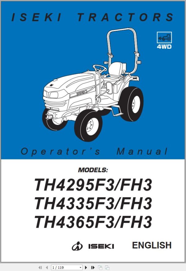 Iseki Tractor TH4295F3 FH3 TH4335F3 FH3 TH4365F3 FH3 Operators Manual and Diagram 1772 912 102 0 EN 1