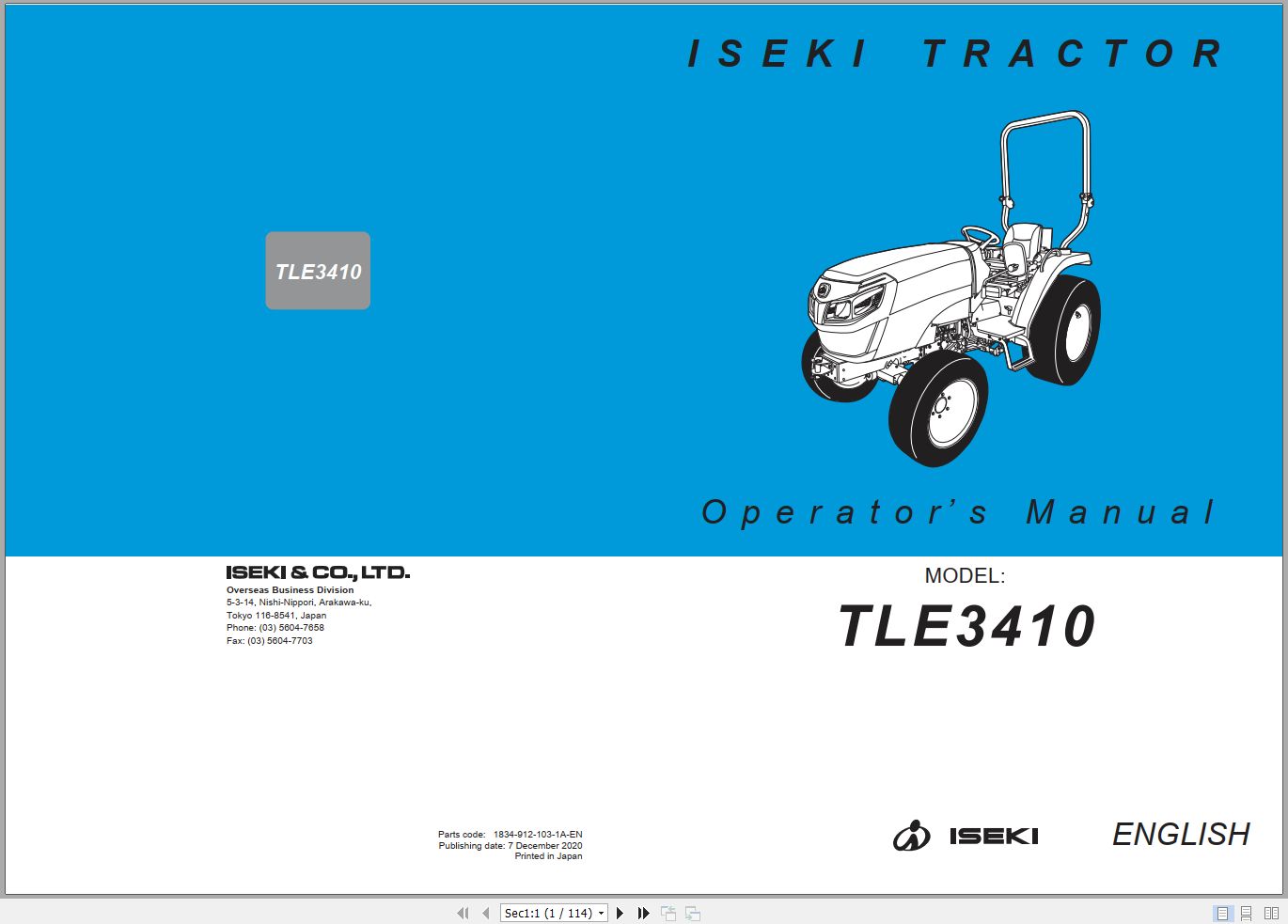Iseki Tractor TLE3410 Operators Manual 1834 912 103 1A EN 1
